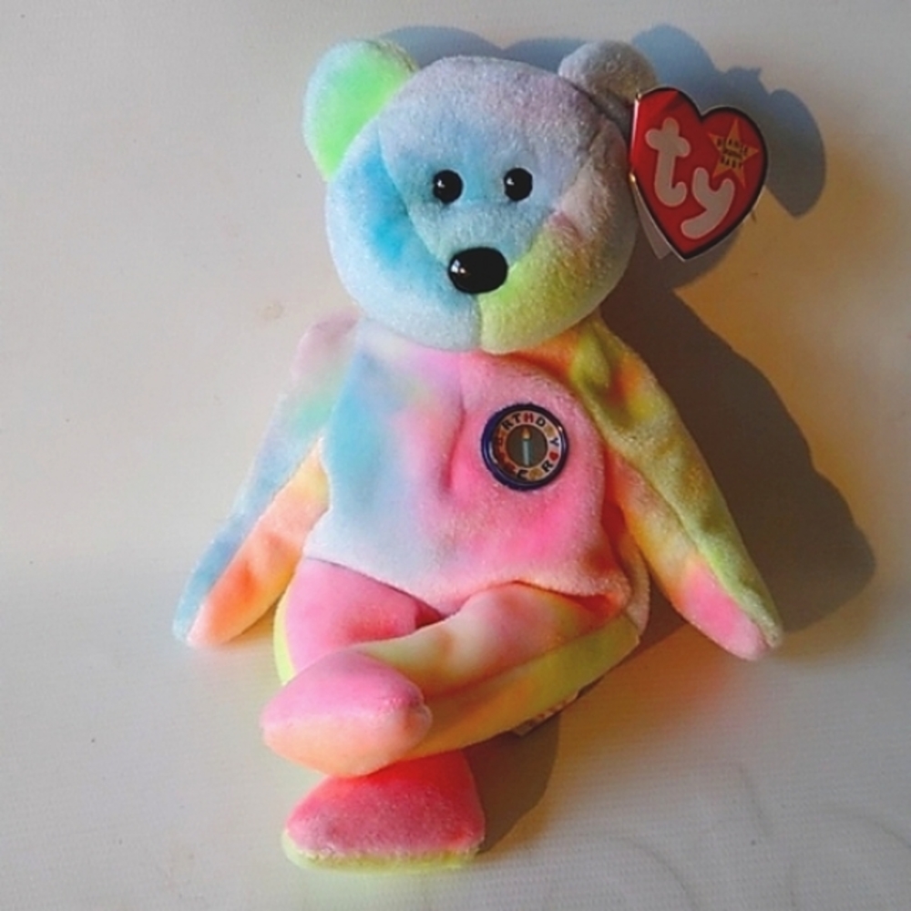 Ty Tie Dye Beanie Baby Birthday Bear, Bean Bag Plush Teddy
